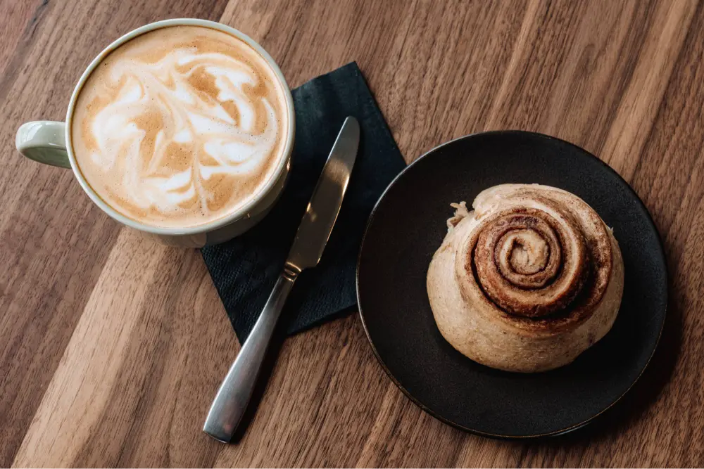 cappuccino and cinnamon roll